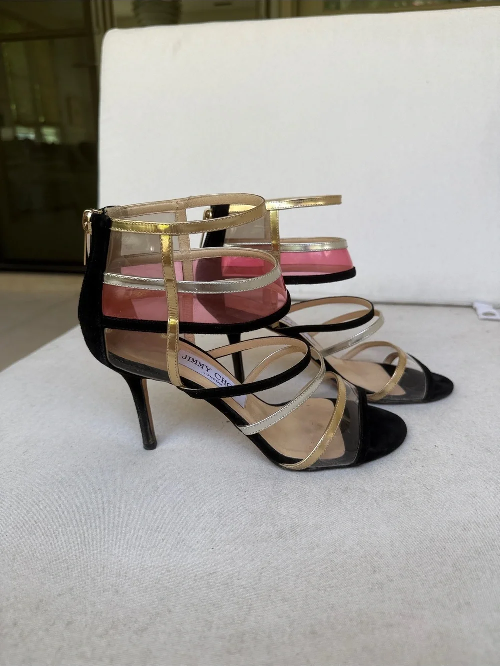 Jimmy Choo Gold, Black & Pink Strappy PVC Heels - Picture 4 of 5
